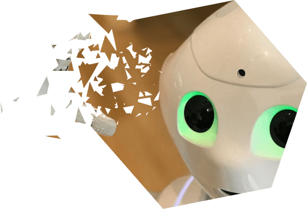 A robot with big green eyes and white skin.